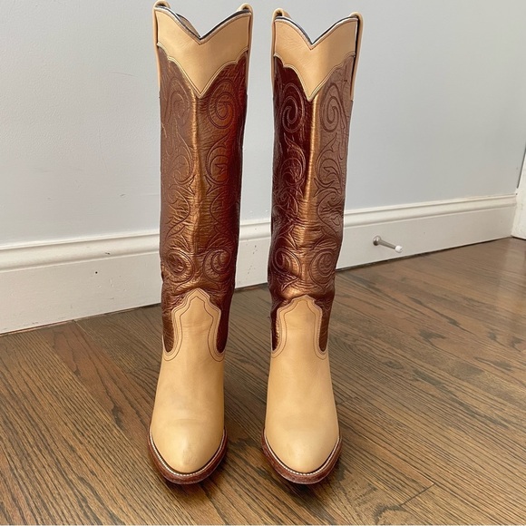 FRYE Metallic Gold Stitched Knee High Western Festival Cowboy Boots - Picture 3 of 15